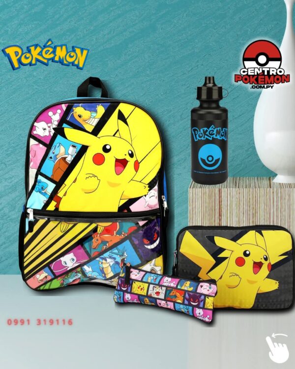 Mochila Pokémon Set x5 Mochila + cartuchera + merendero + botella + llavero