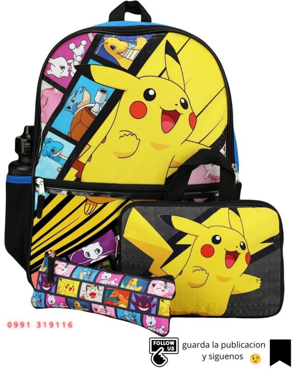 Mochila Pokémon Set x5 Mochila + cartuchera + merendero + botella + llavero