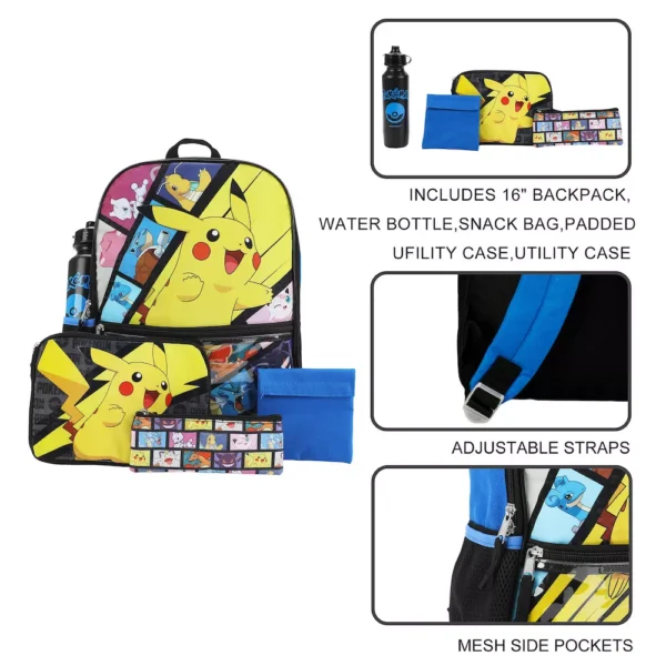 Mochila Pokémon Set x5 Mochila + cartuchera + merendero + botella + llavero